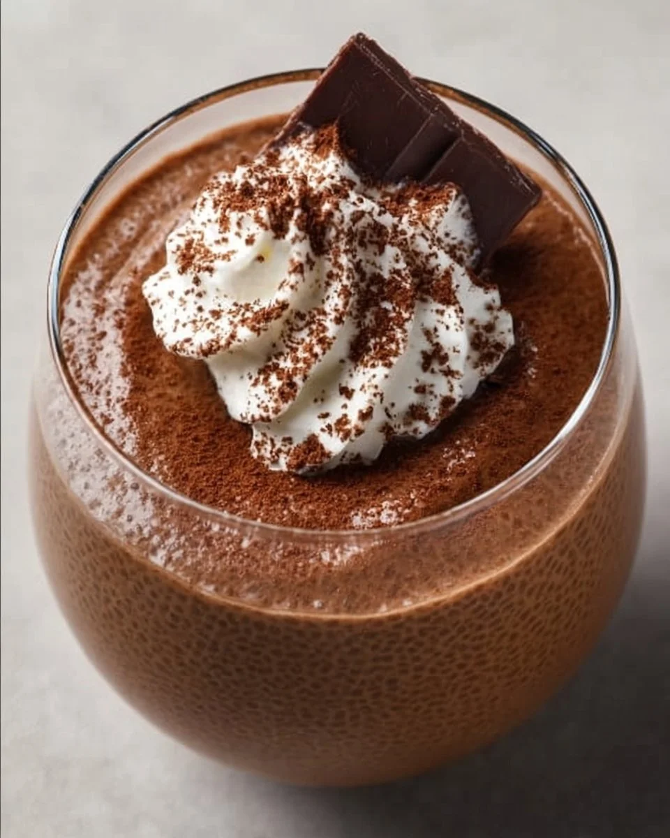 High protein chocolate chia seed pudding served in a bowl with toppings