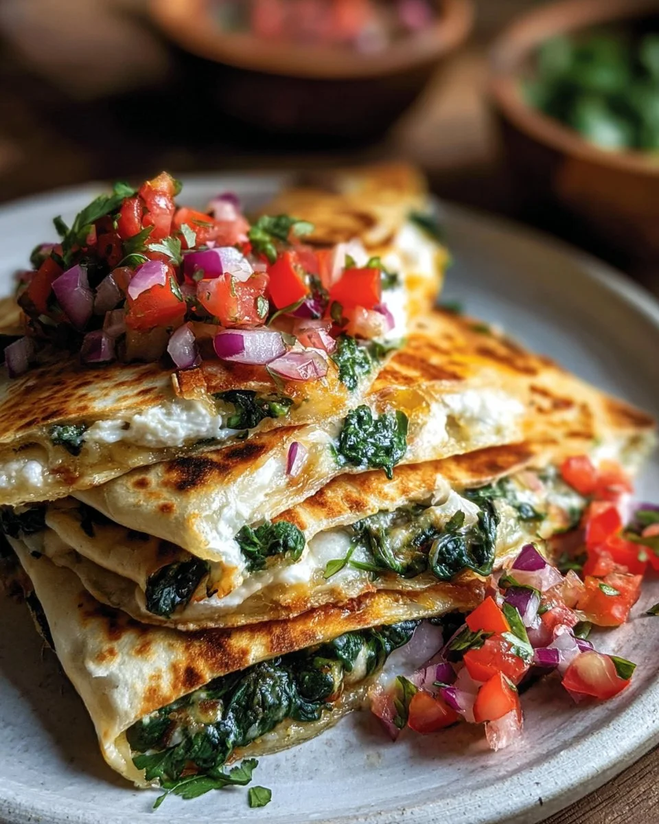 Mediterranean Quesadillas with spinach, feta, mozzarella, and red onion on a plate