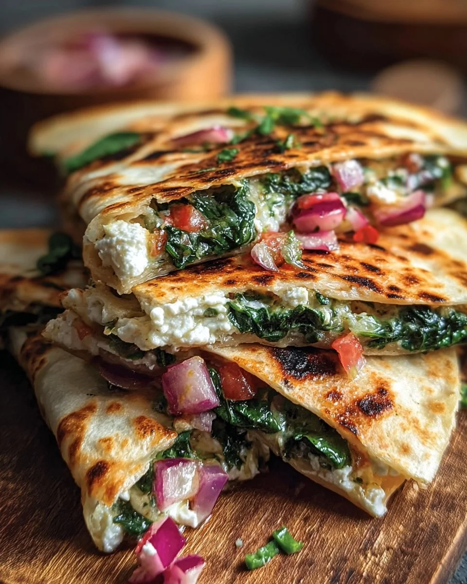 Mediterranean Quesadillas with Spinach, Feta, Mozzarella, and Red Onion