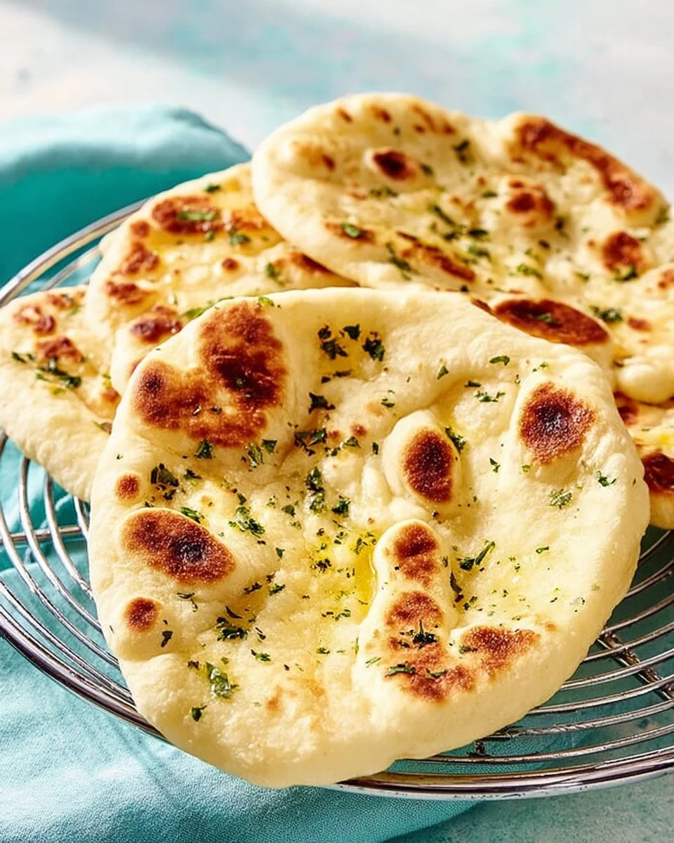 Delicious homemade naan bread ready to serve with Indian dishes
