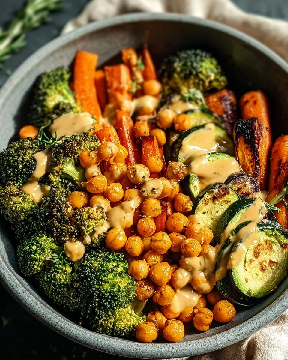 Roasted veggie chickpea bowl with maple dijon tahini dressing.