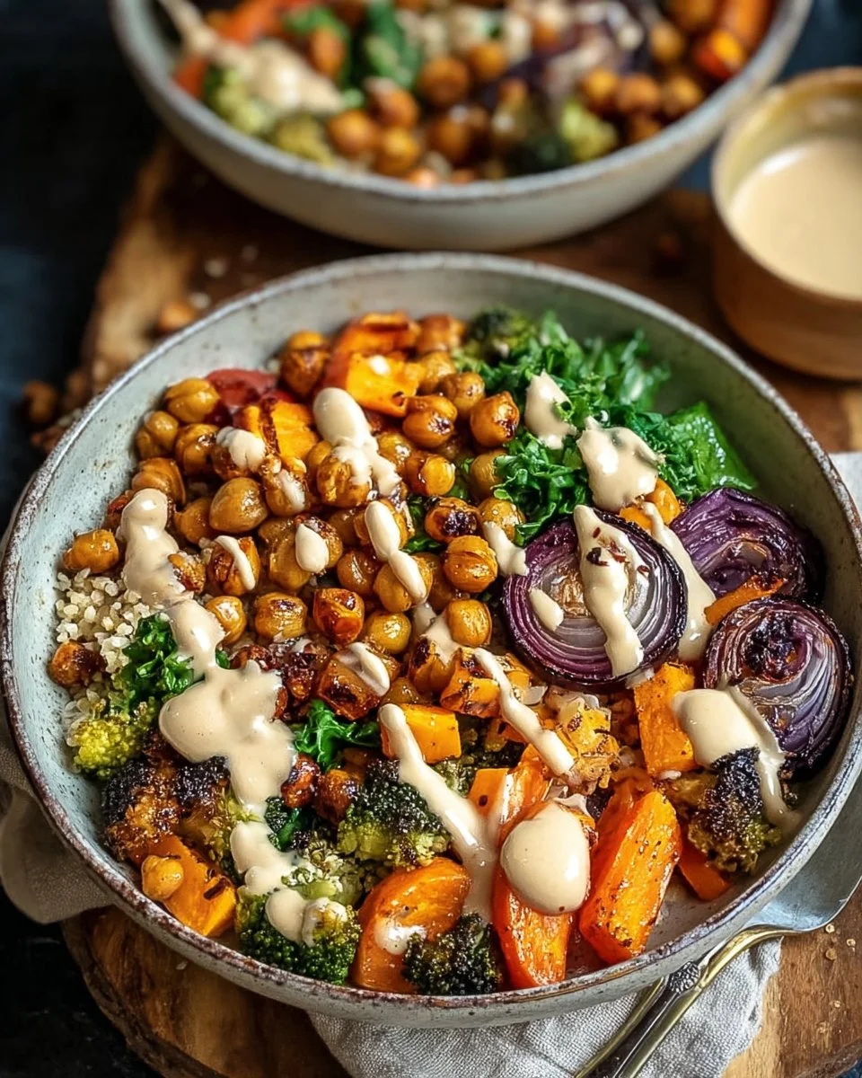 Roasted Veggie Chickpea Bowls with Maple Dijon Tahini Dressing