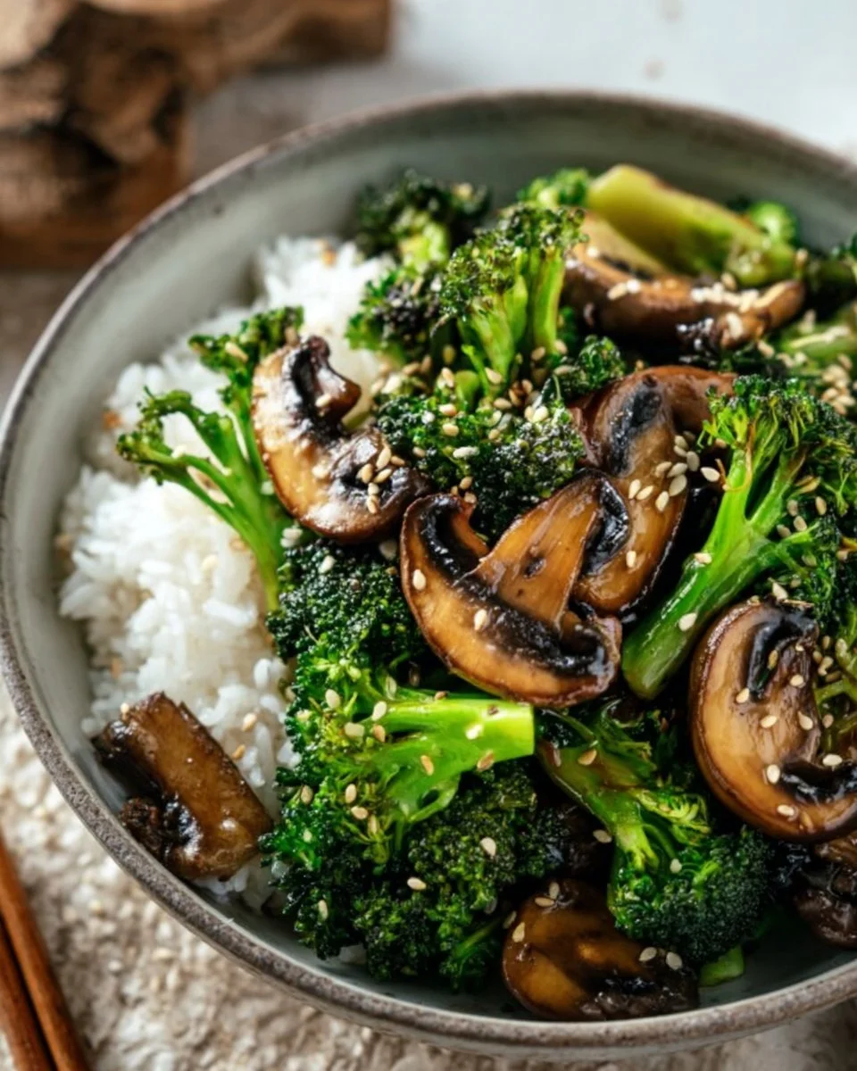 Vegan broccoli mushroom stir fry with vibrant vegetables in a skillet