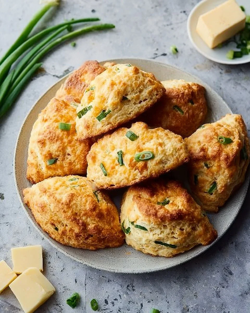 Freshly baked cheddar cheese and scallion scones on a wooden table