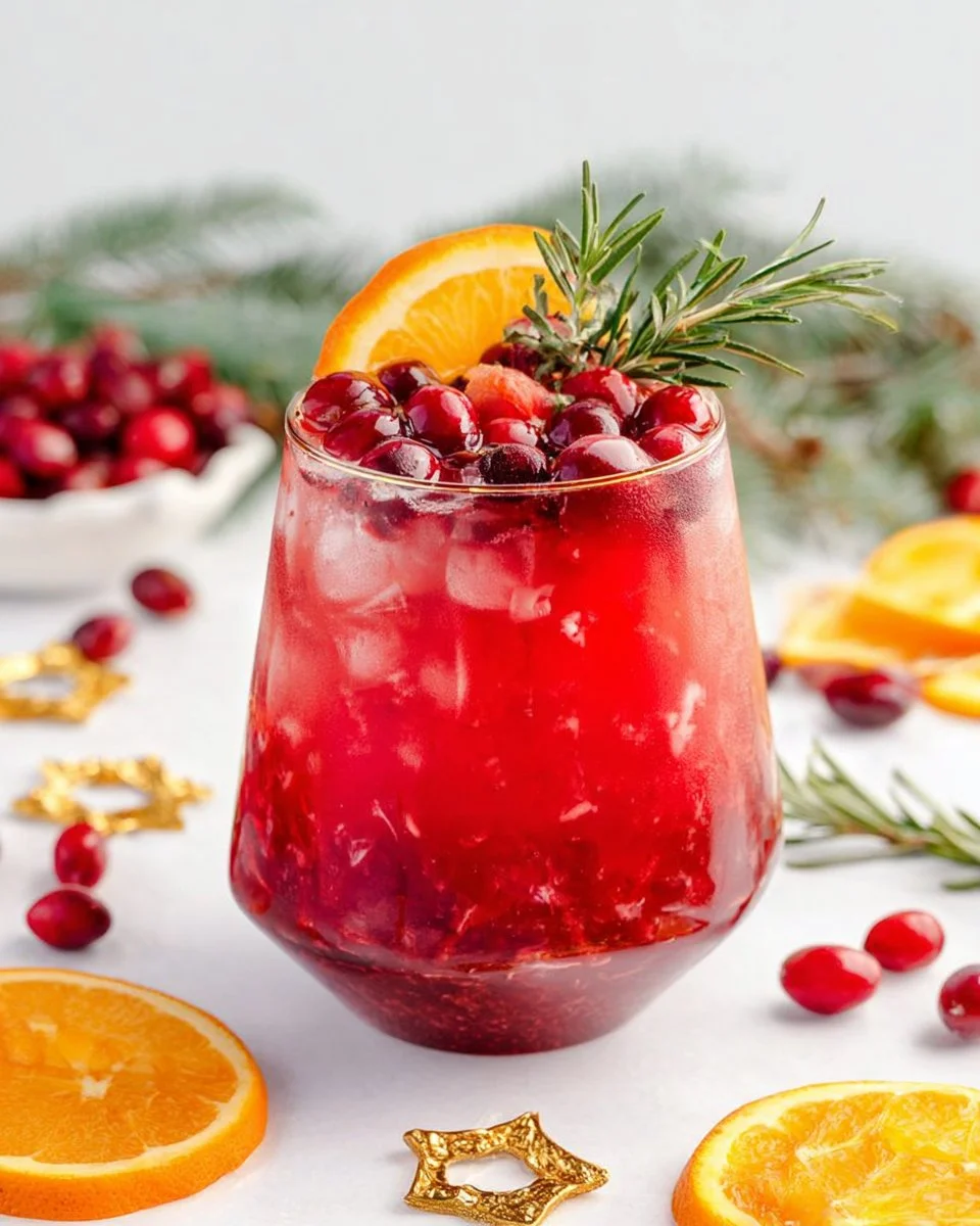 Refreshing 3-ingredient cranberry mocktail in a glass with ice and garnish.