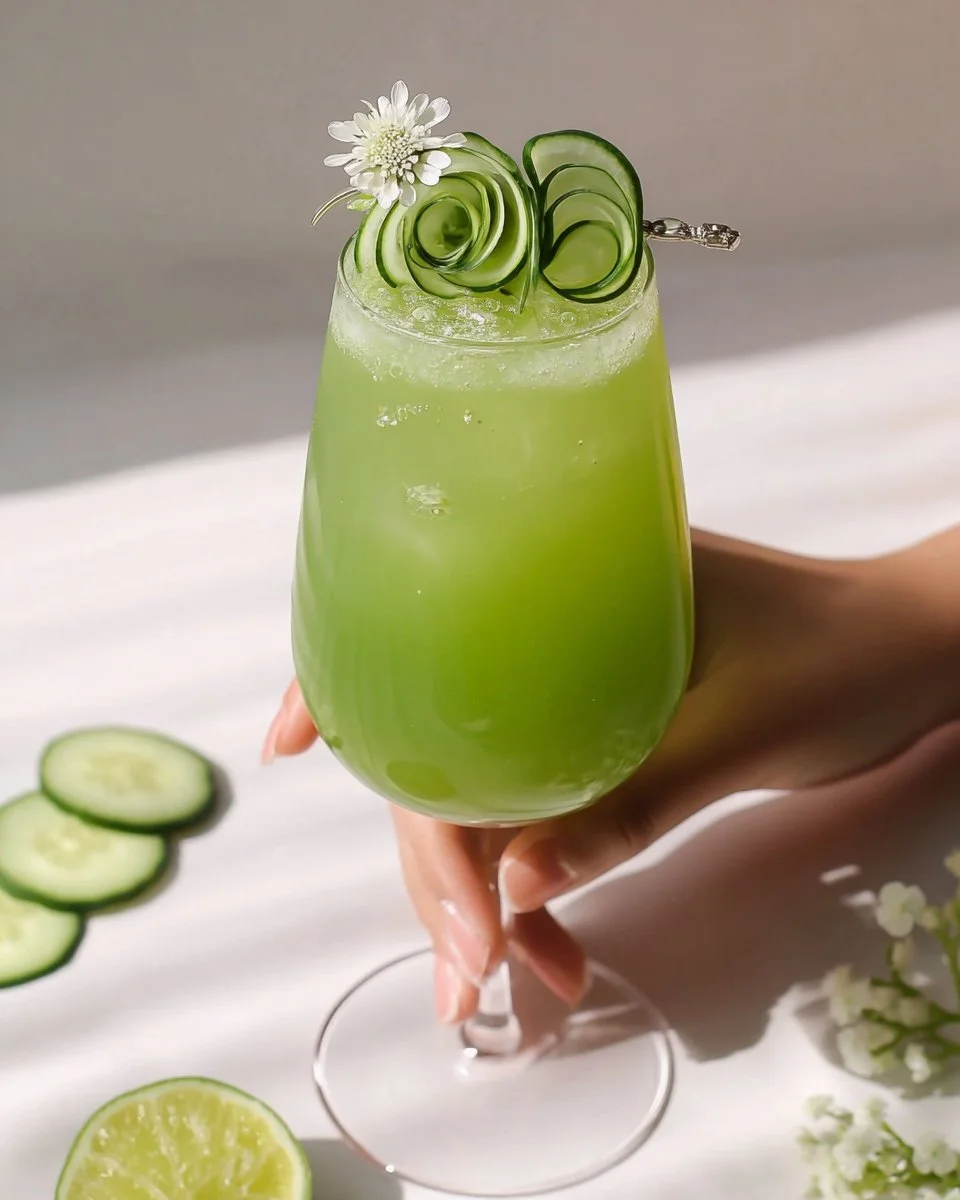 Refreshing Cucumber Spritz mocktail in a glass with cucumber slices.
