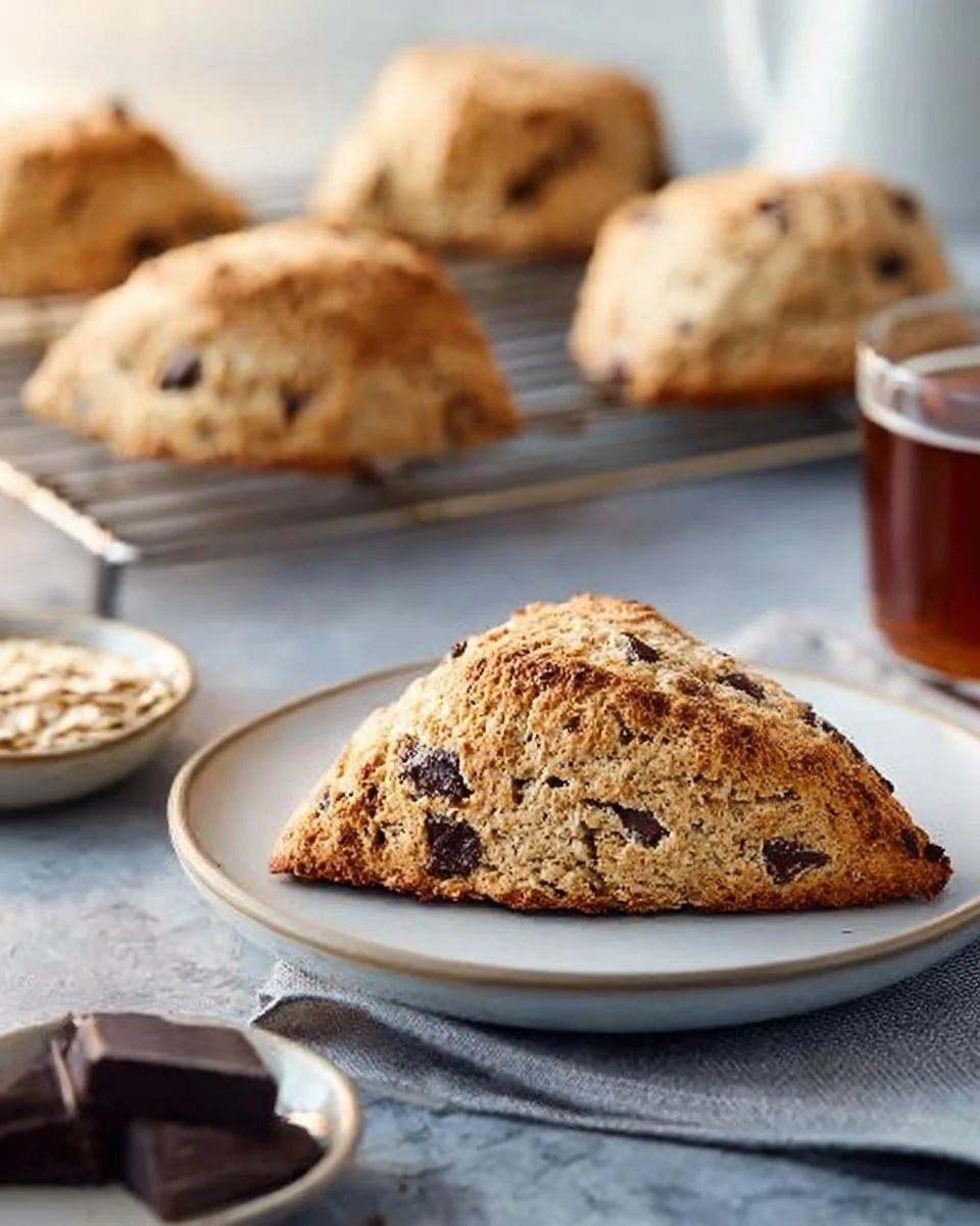Dark chocolate and sunflower spelt scones on a wooden table