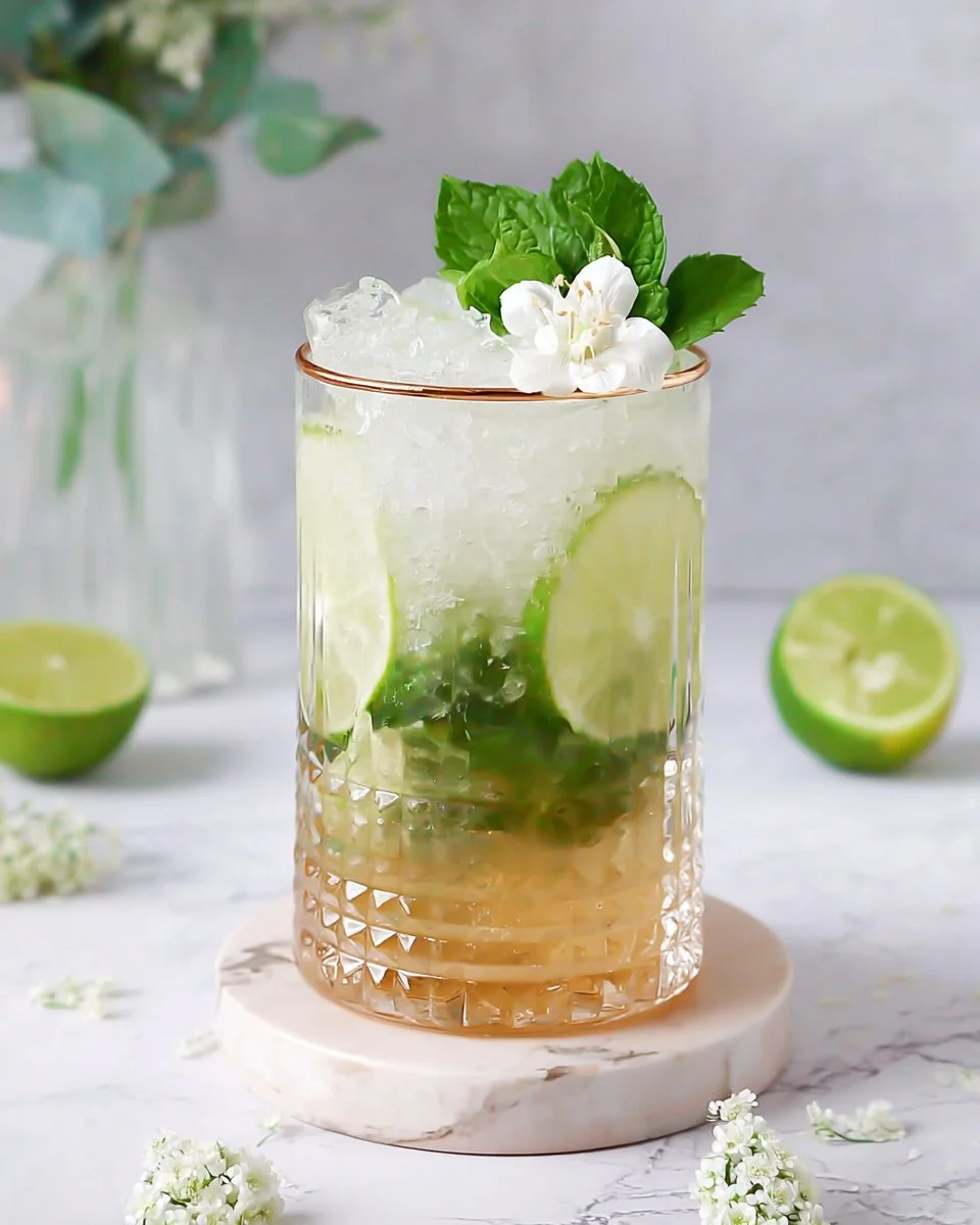 Elderflower Mojito mocktail garnished with mint and lime.