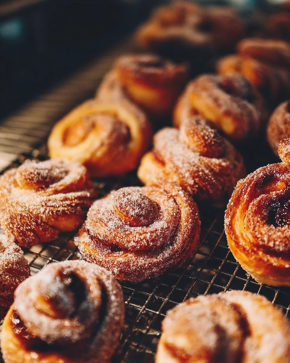 Fresh fruit-filled morning buns on a wooden table