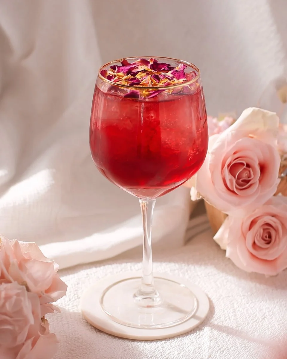 A refreshing Hibiscus Rose Mocktail garnished with rose petals and mint leaves.