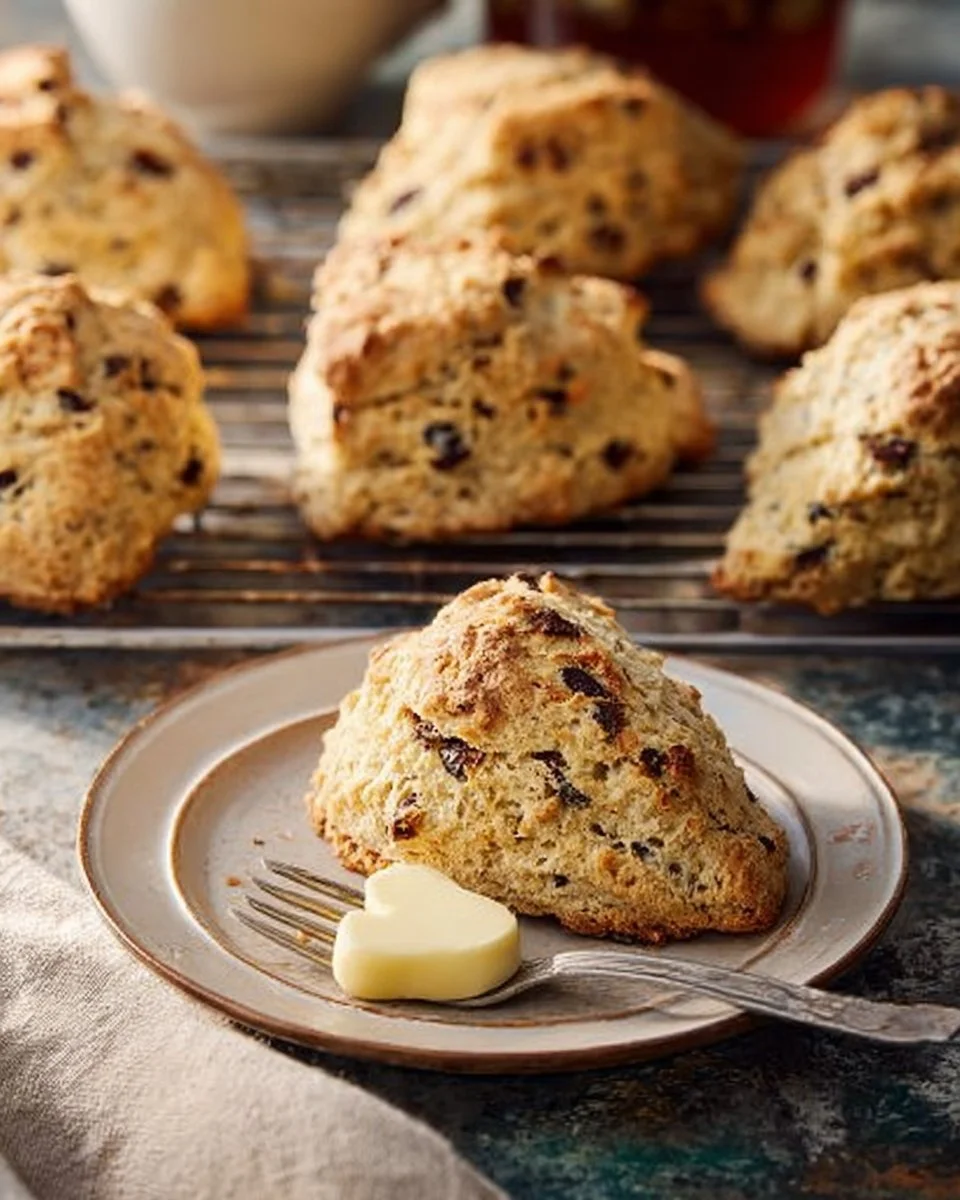 Freshly baked Irish Soda Bread Scones on a wooden table