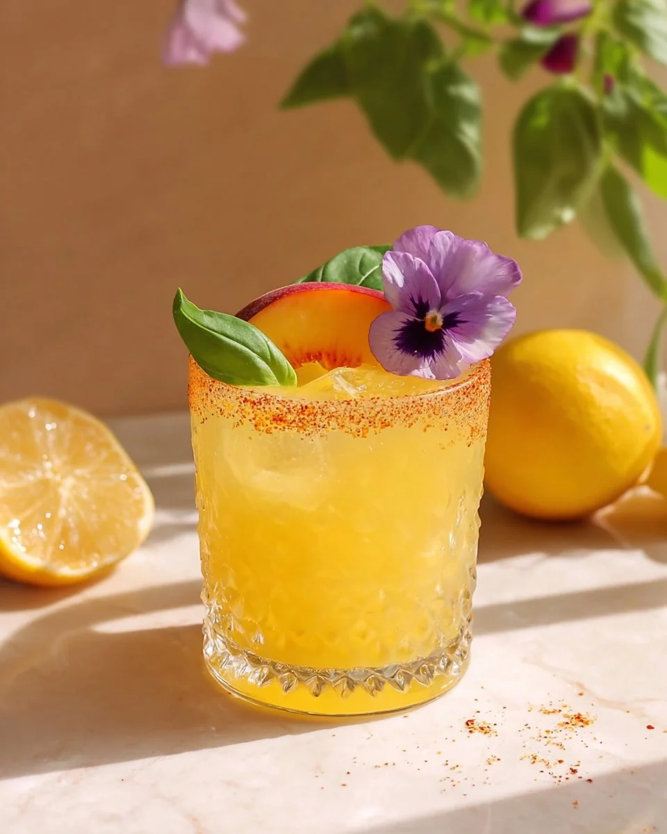 Refreshing Peach Mocktail garnished with fresh peaches and mint leaves.