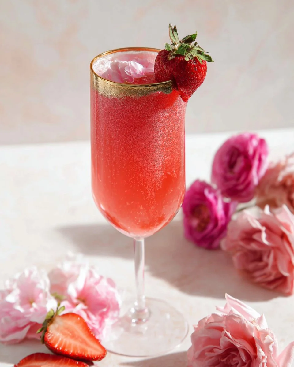 Refreshing Strawberry Rose Mocktail garnished with fresh strawberries and roses