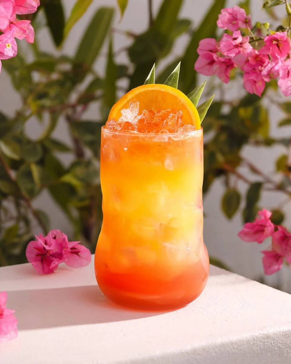 Vibrant tropical mocktail garnished with fruit and herbs in a glass.