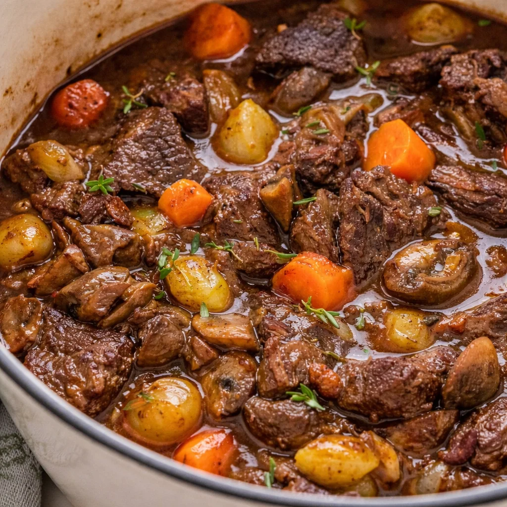 Delicious bowl of Julia Child's Beef Bourguignon, featuring beef, mushrooms, and wine sauce.